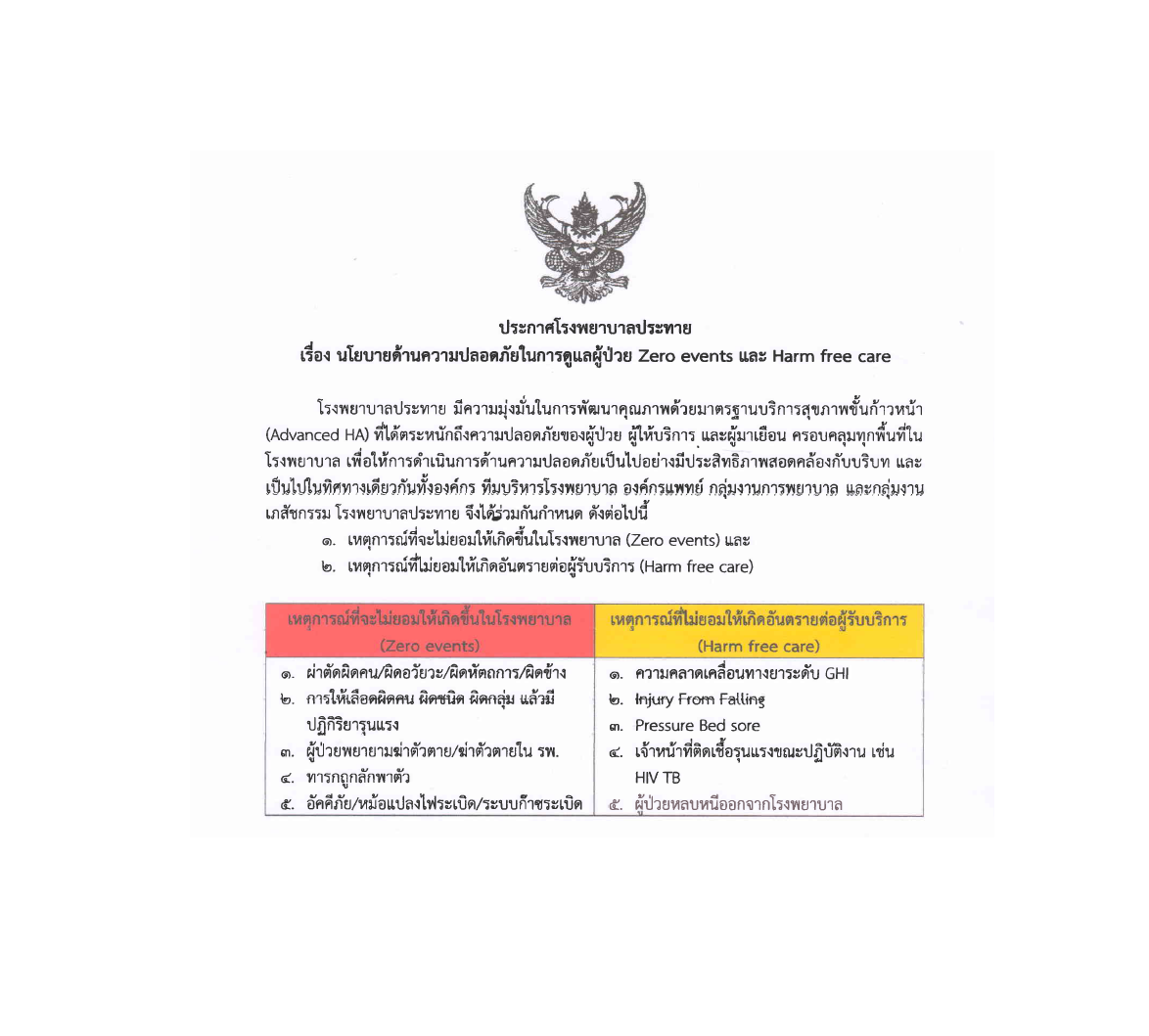 ประกาศโรงพยาบาล เรื่อง นโยบายความปลอดภัยในการดูแลผู้ป่วย Zero events เเละ Harm free care
